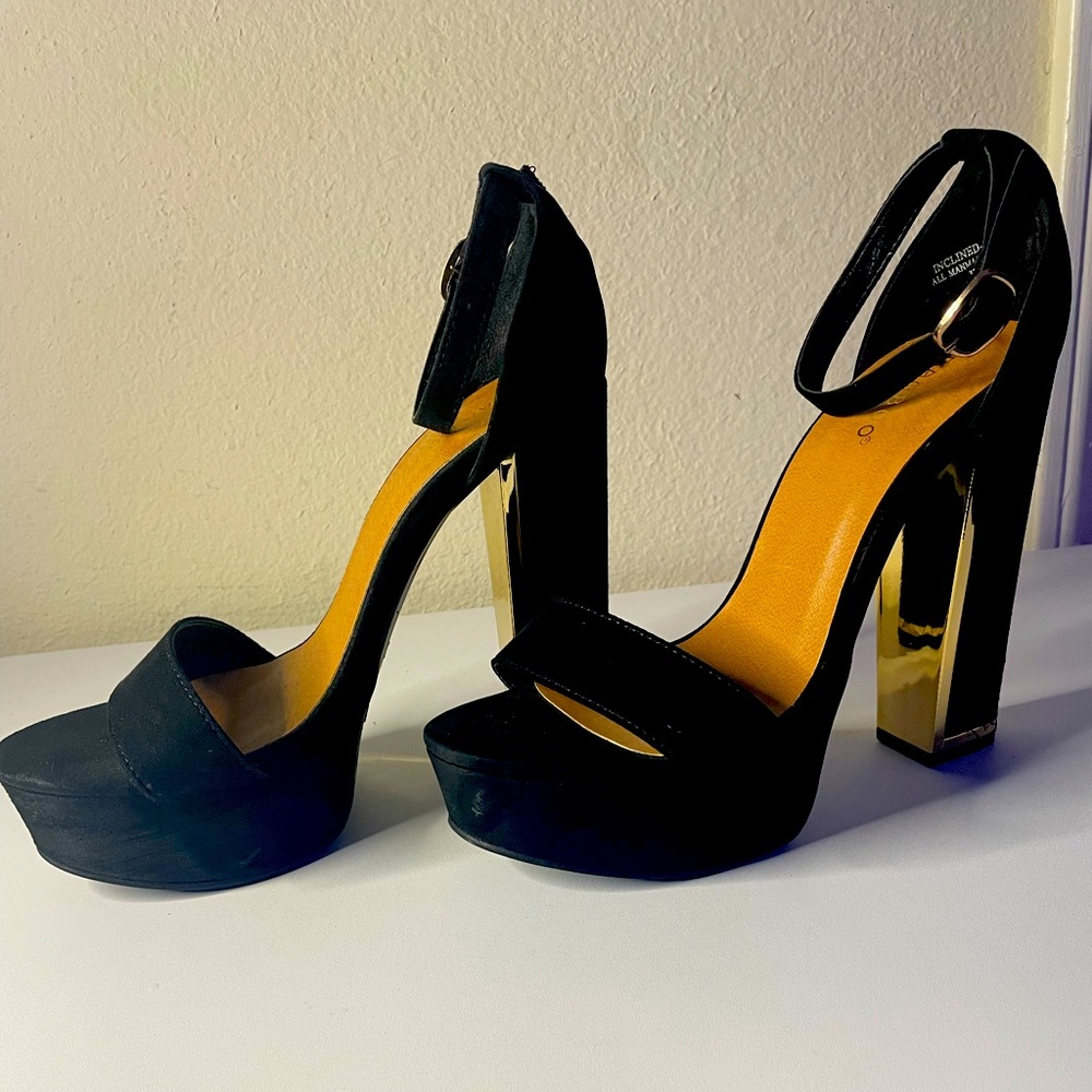 Black faux suede platform heels